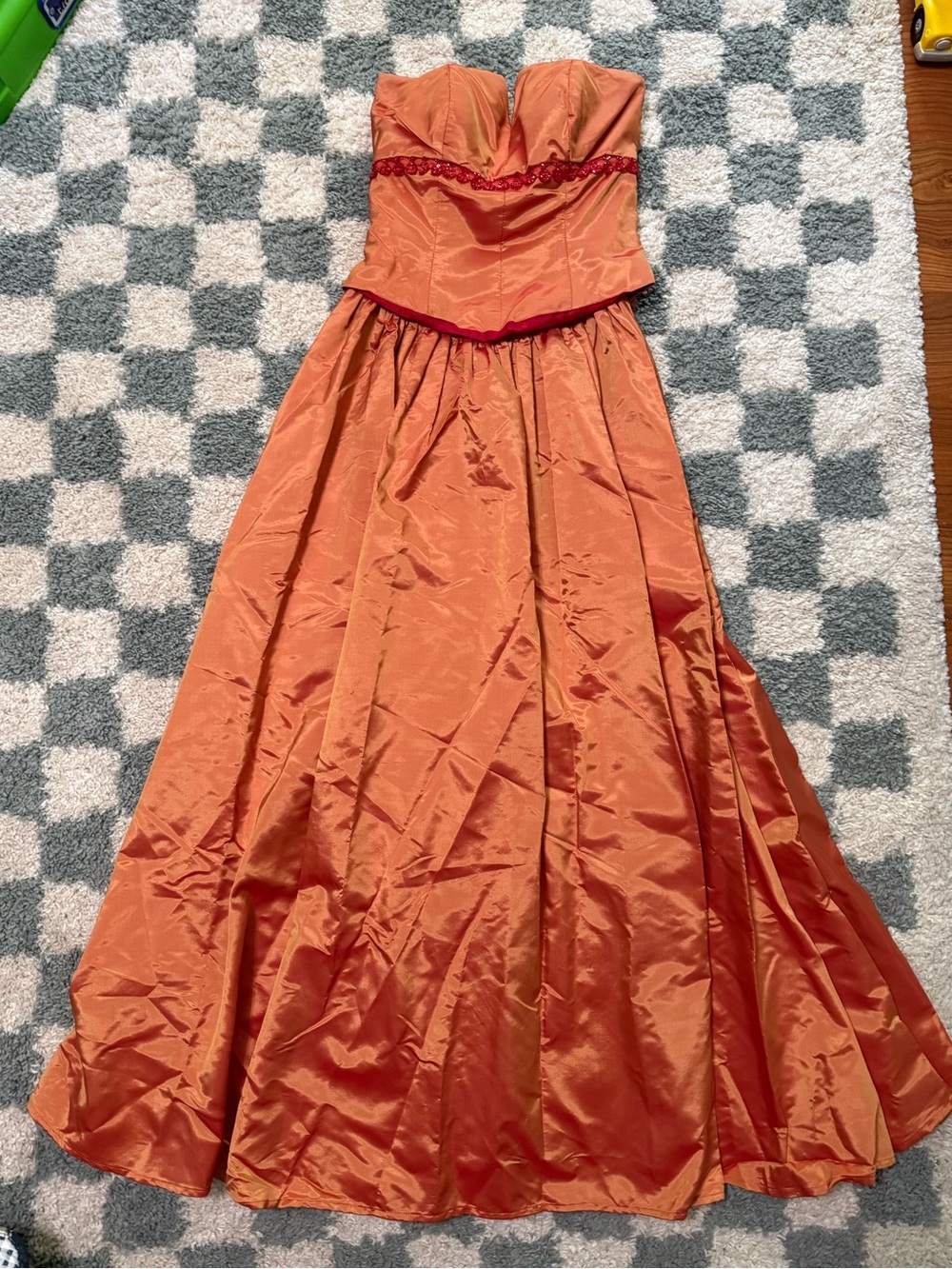 Vintage Alfred Angelo Iridescent Orange Strapless Beaded Prom Dress Basque 90s